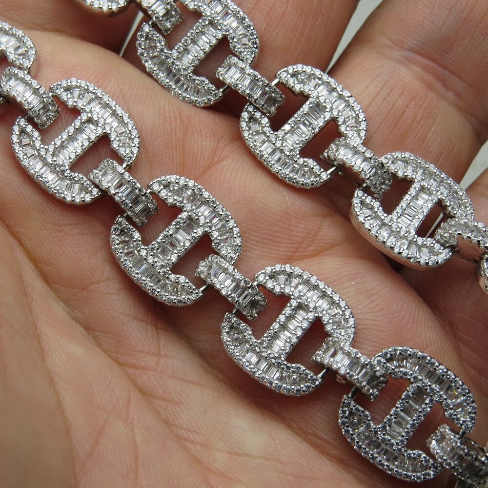 18k *925 Sterling Silver Gucci Style Links Diamond Men's Necklace 70gr/24"